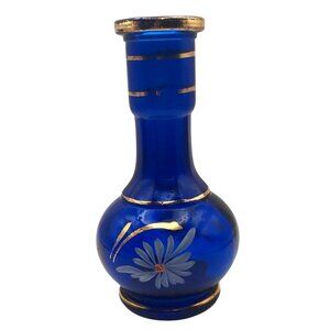 Vintage Cobalt Blue Glass Bud Vase Hand Painted Daisy Floral Gold Accents